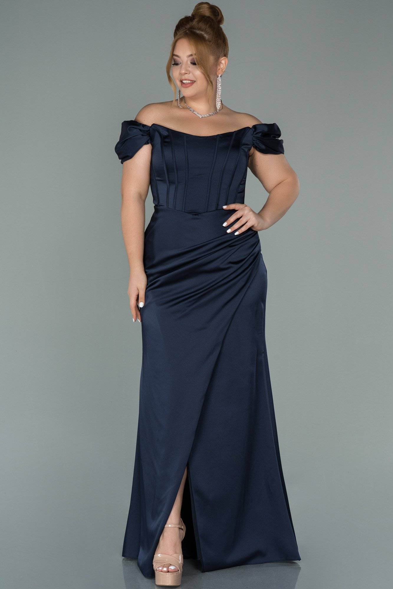 Navy Blue Draped Satin Corset Dress ...